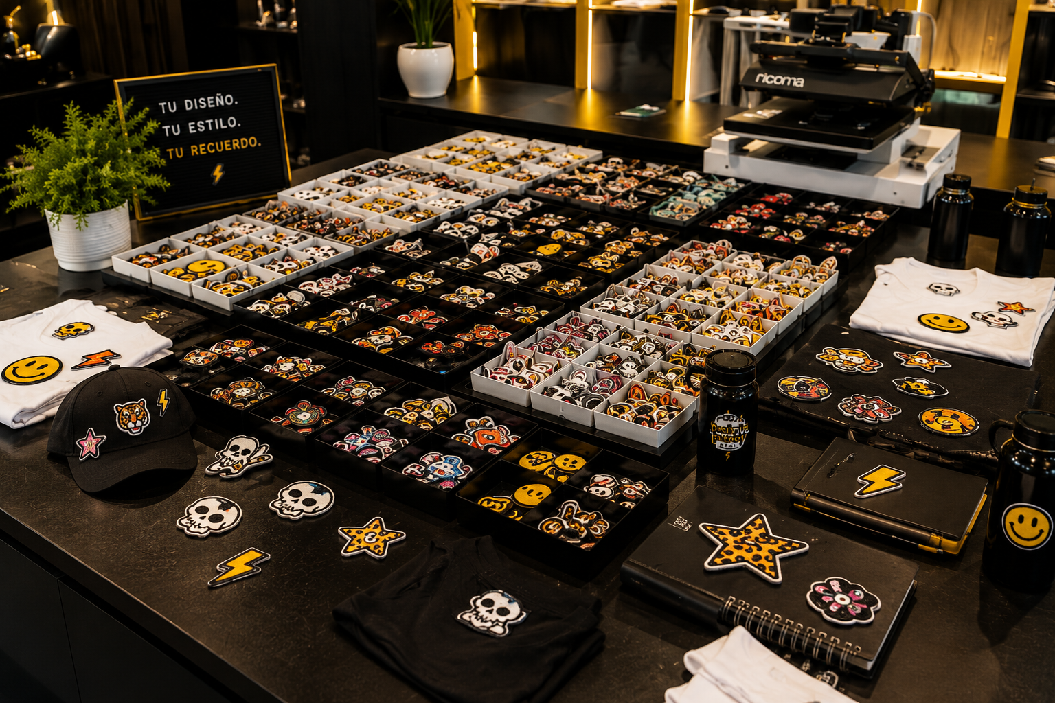 Mesa de diseños Patch Party con parches y productos