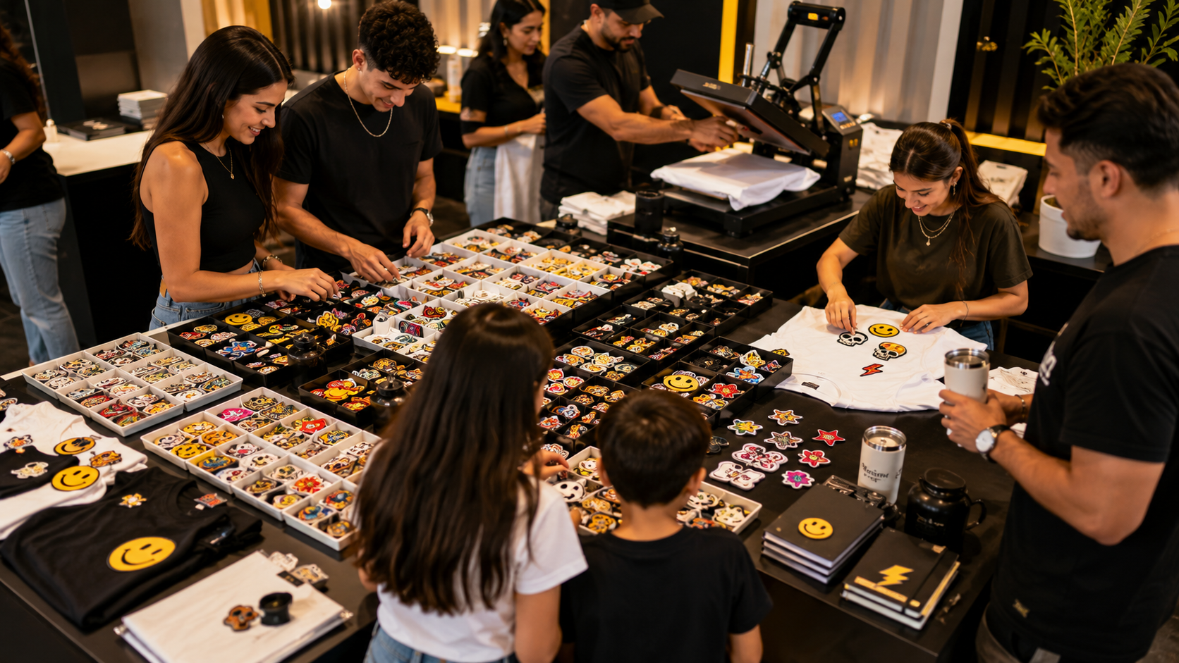 Estación creativa Patch Party con productos y diseños para personalizar en eventos