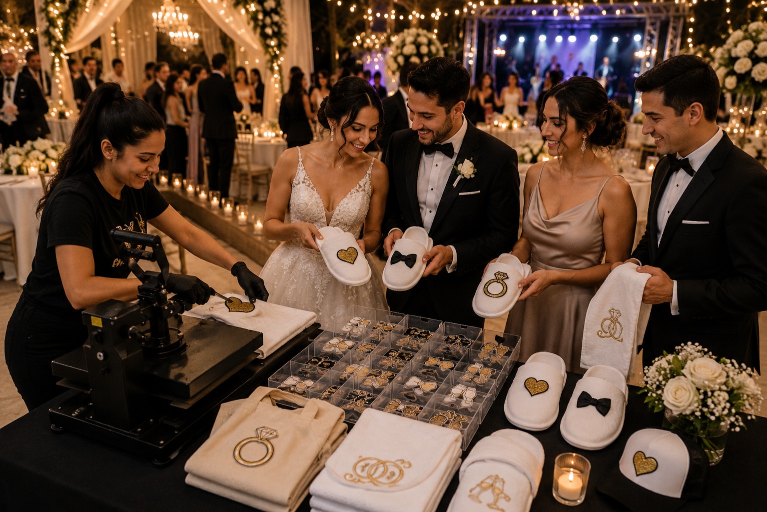 Invitados personalizando pantuflas durante una boda