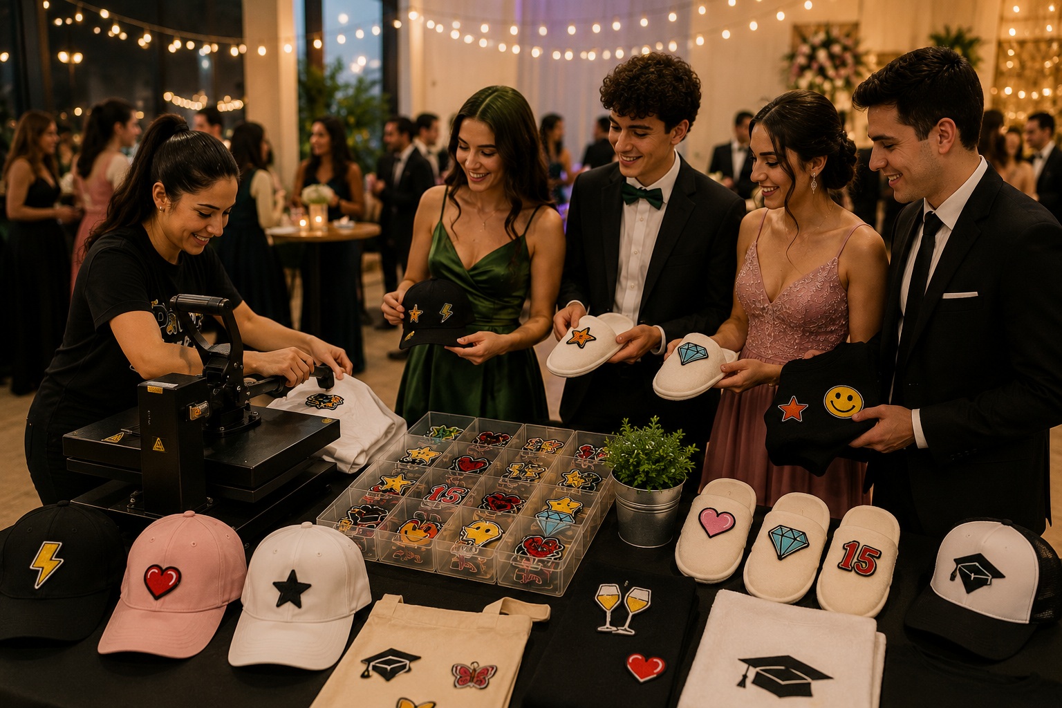 Invitados personalizando recuerdos durante un evento social