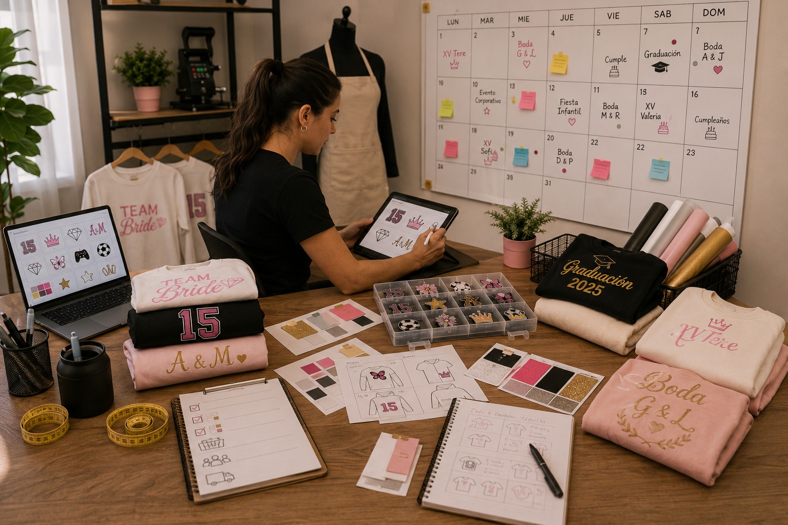 Preparación de productos, diseños e inventario antes de un evento social