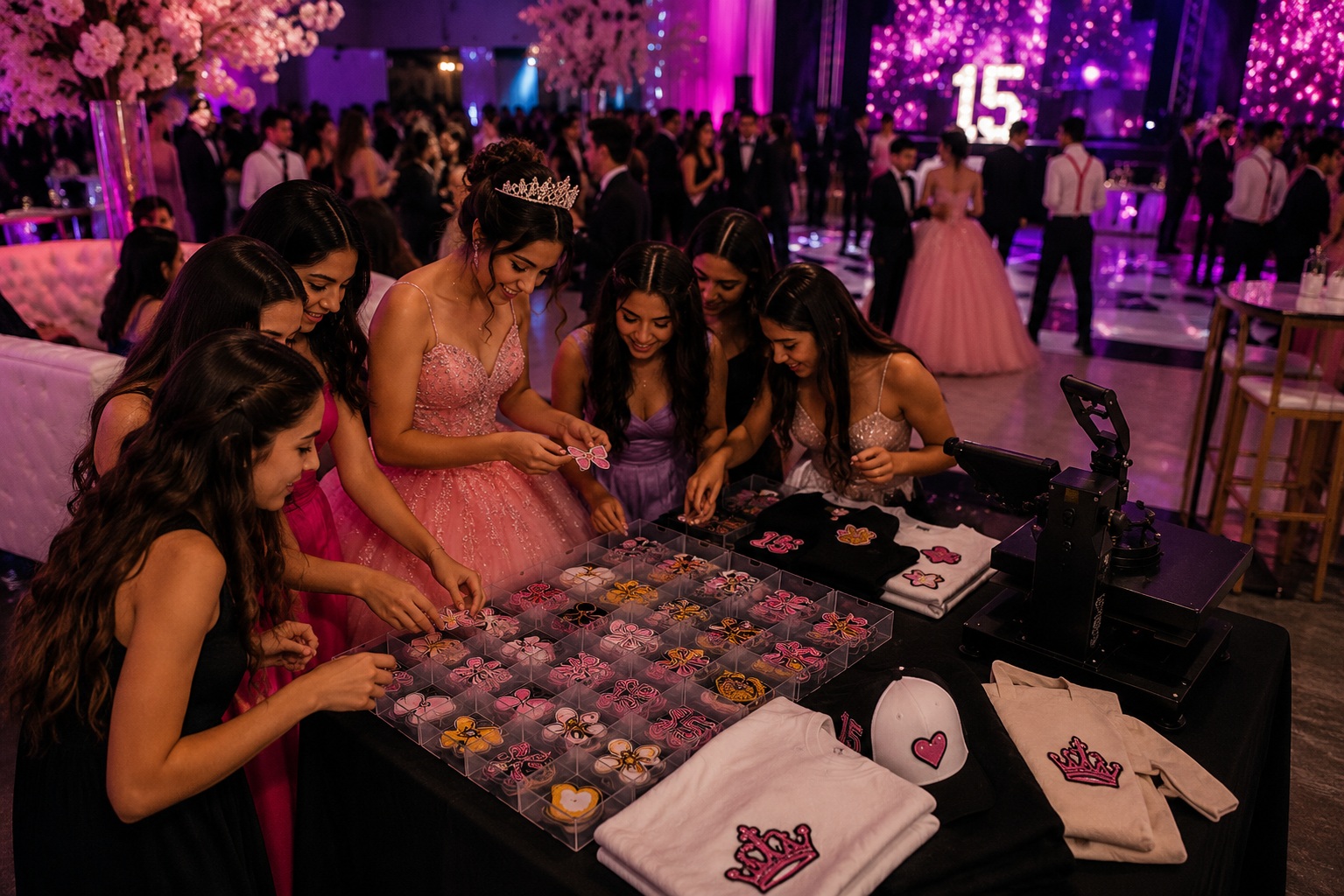 Quinceañera y amigas seleccionando diseños