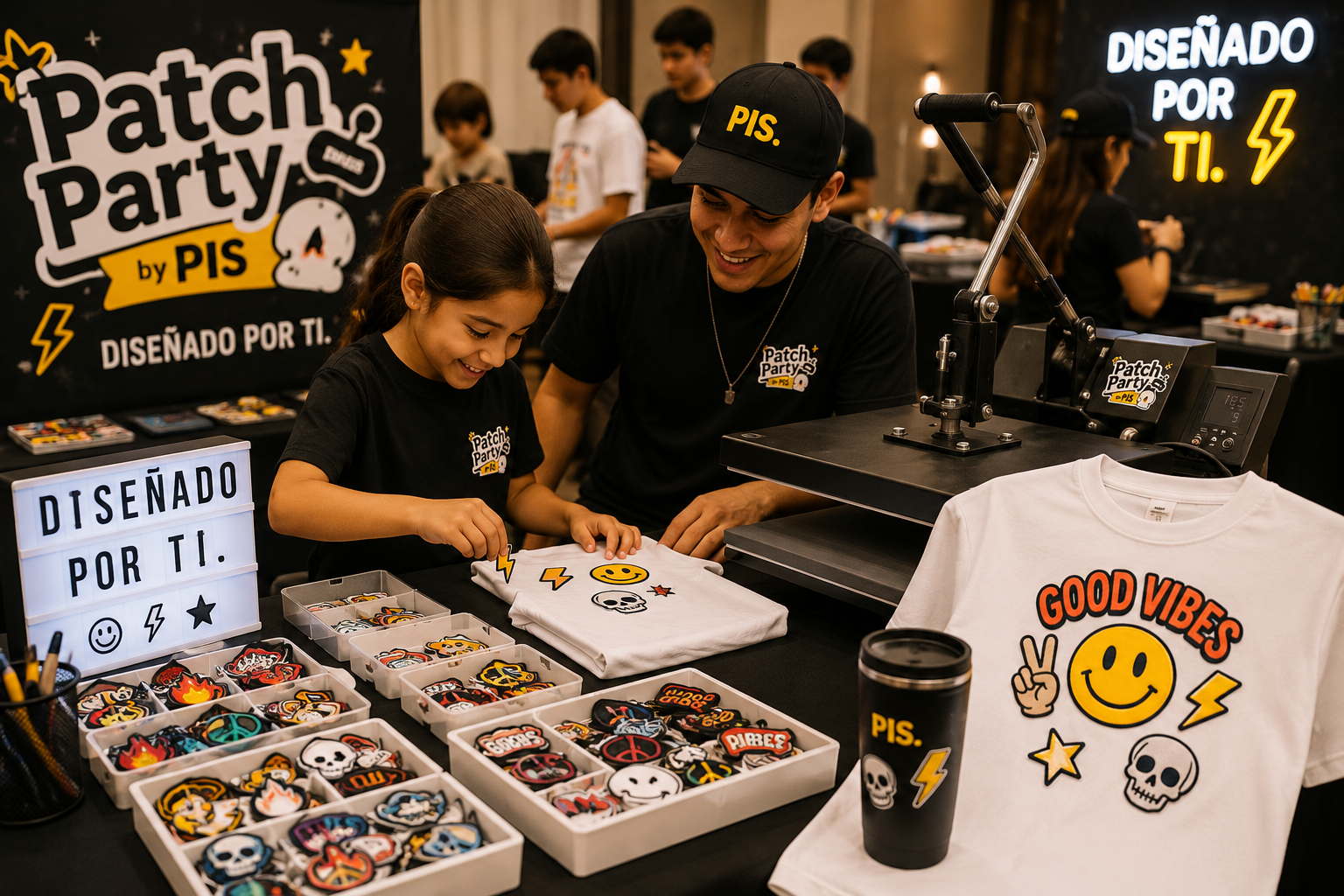 Estación Patch Party con diseños, heat press y productos personalizados